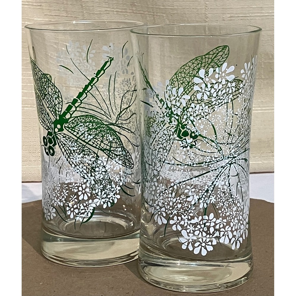 Vintage Dragonfly Queen Annes Lace Highball Glasses Set of 2 Green White